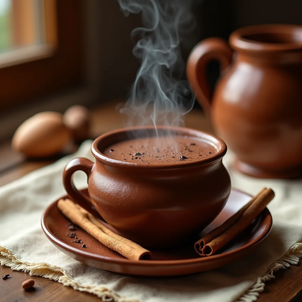 Champurrado caliente en jarrito de barro
