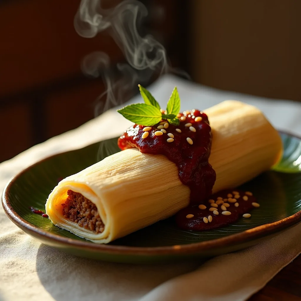 Tamal de mole con pollo en hoja de plátano